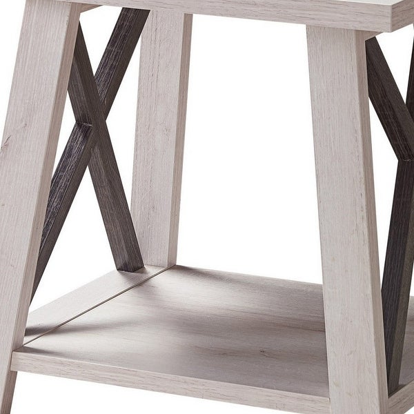 Tess 22 Inch Farmhouse End Table， 1 Shelf， Wood， White Oak， Distressed Grey - 20 L x 22 W x 22 H Inches