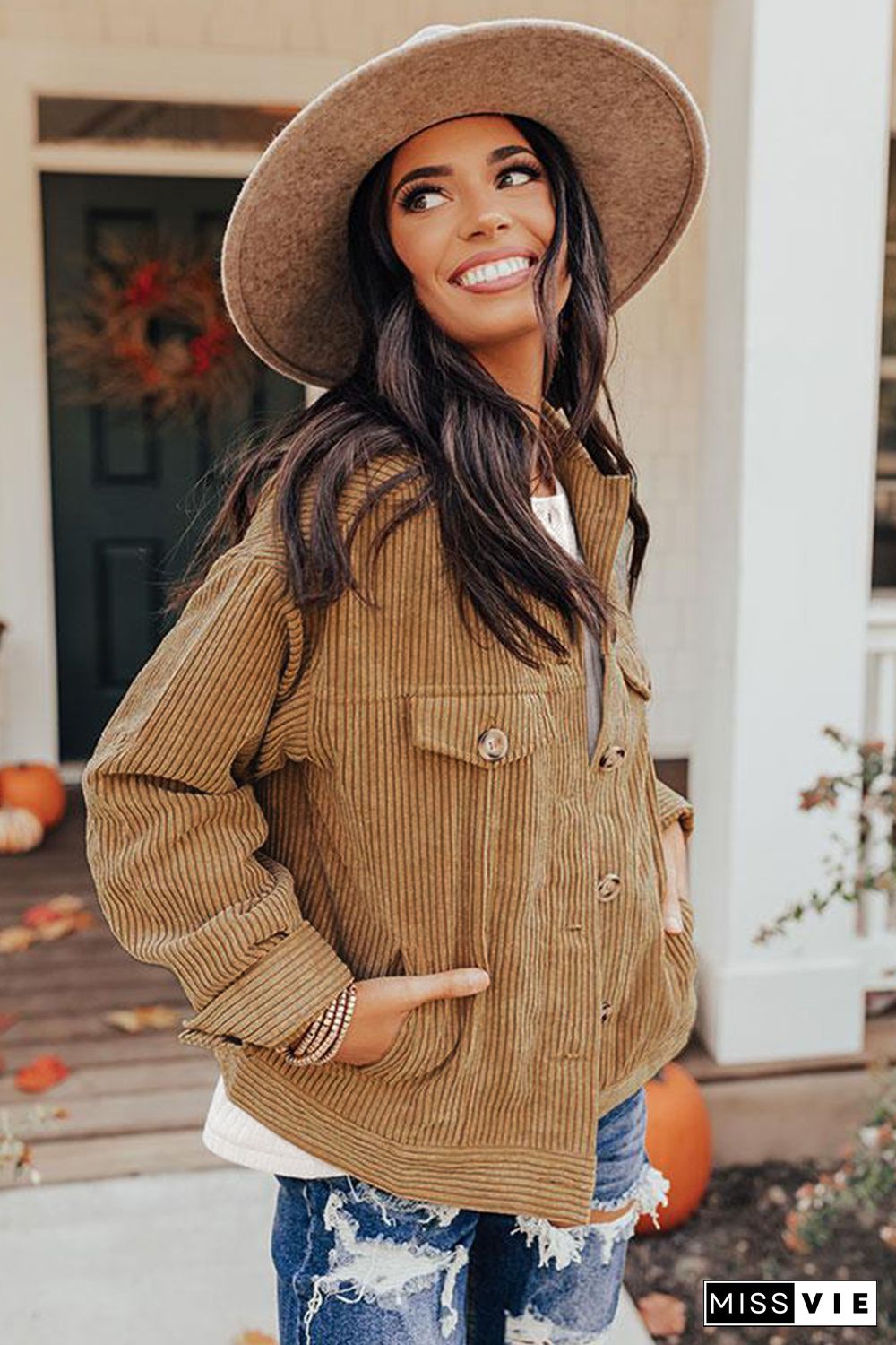 Khaki Ribbed Corduroy Long Sleeve Jacket with Pocket