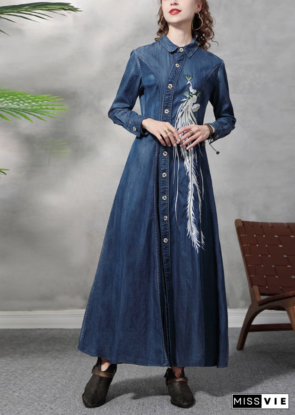 Slim Fit Blue Peter Pan Collar Button Waist retraction Embroideried Cotton Denim Dresses Long Sleeve