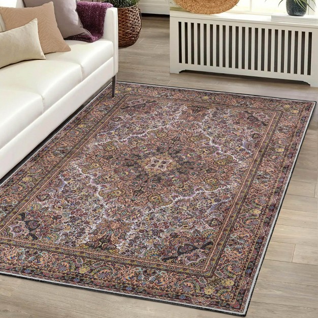 Distressed Medallion Border Machine Washable Indoor Area Rug Or Runner By Blue Nile Mills