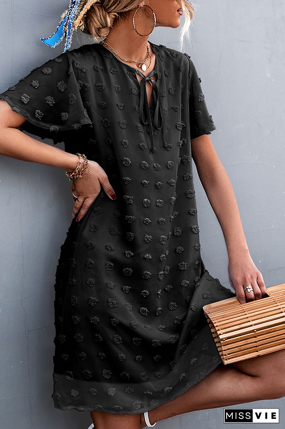 Jacquard Tie V-neck Short Sleeve Dress Wholesale