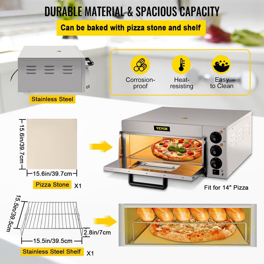 VEVOR Commercial Pizza Oven 14 in. Single Deck Layer 1300-Watt Stainless Steel Electric Outdoor Pizza Oven with Stone & Shelf LXBSKX141110V8IFHV1