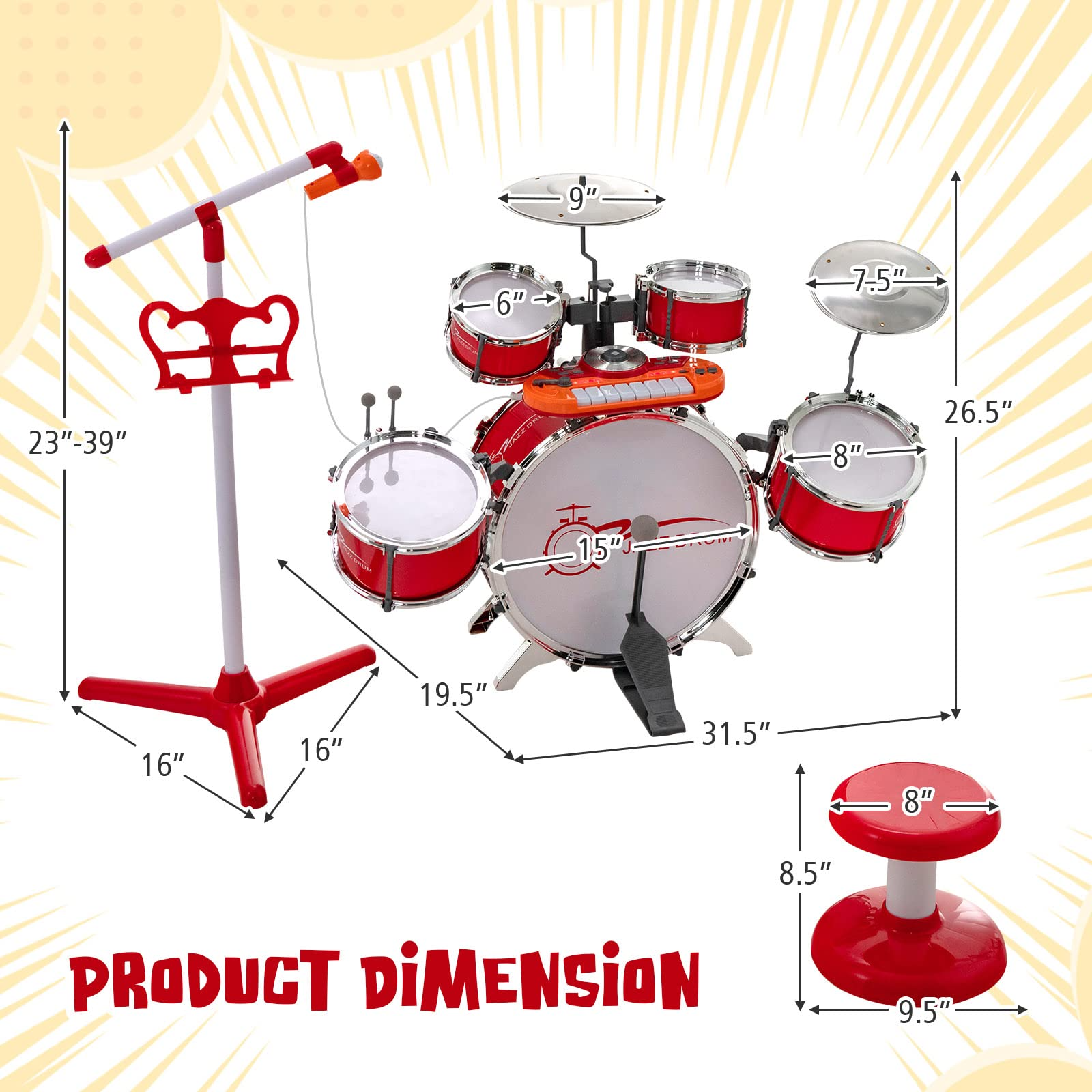 Costzon Kids Drum Keyboard Set with Stool & Microphone Stand, Jazz Drum Set with Cymbal