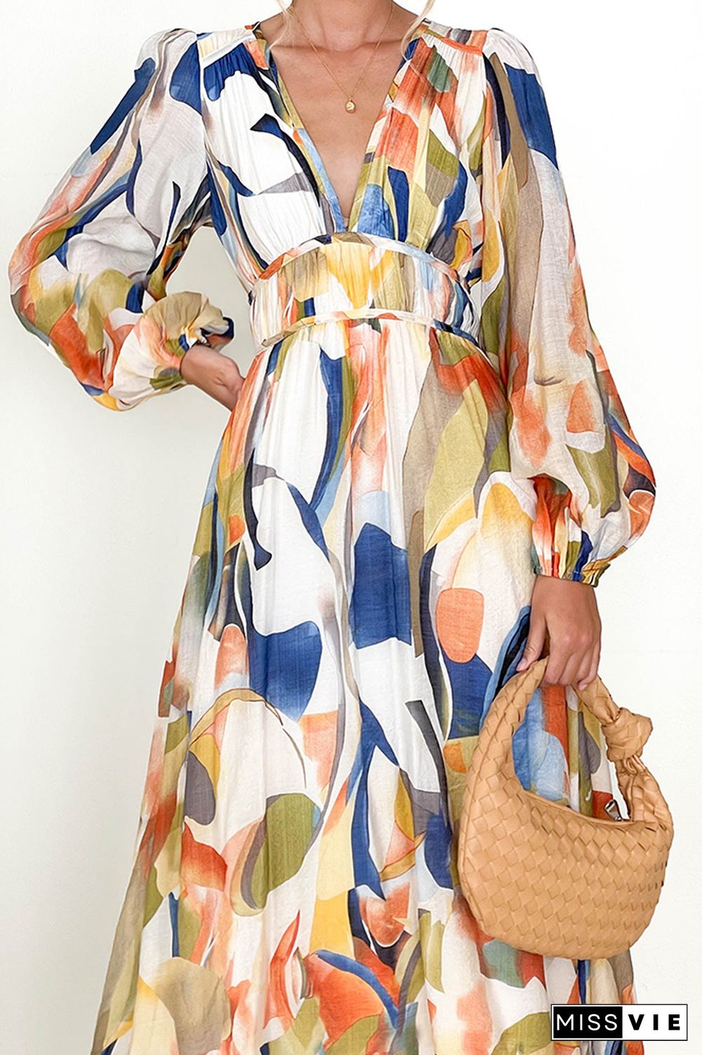 Deep V Neck Ruffle Printing Maxi Dress