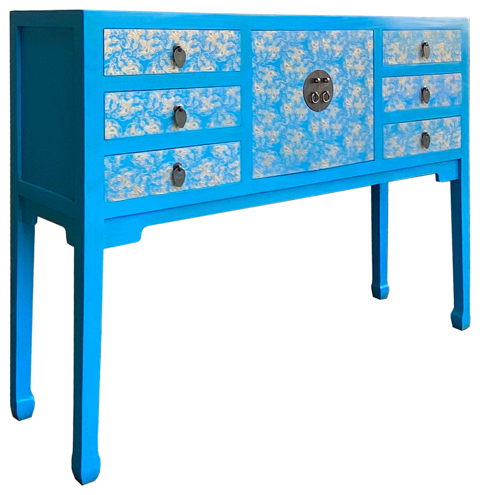 Bright Blue Lacquer Golden Flower Graphic Drawers Slim Foyer Side Table Hcs7153   Asian   Console Tables   by Golden Lotus Antiques  Houzz