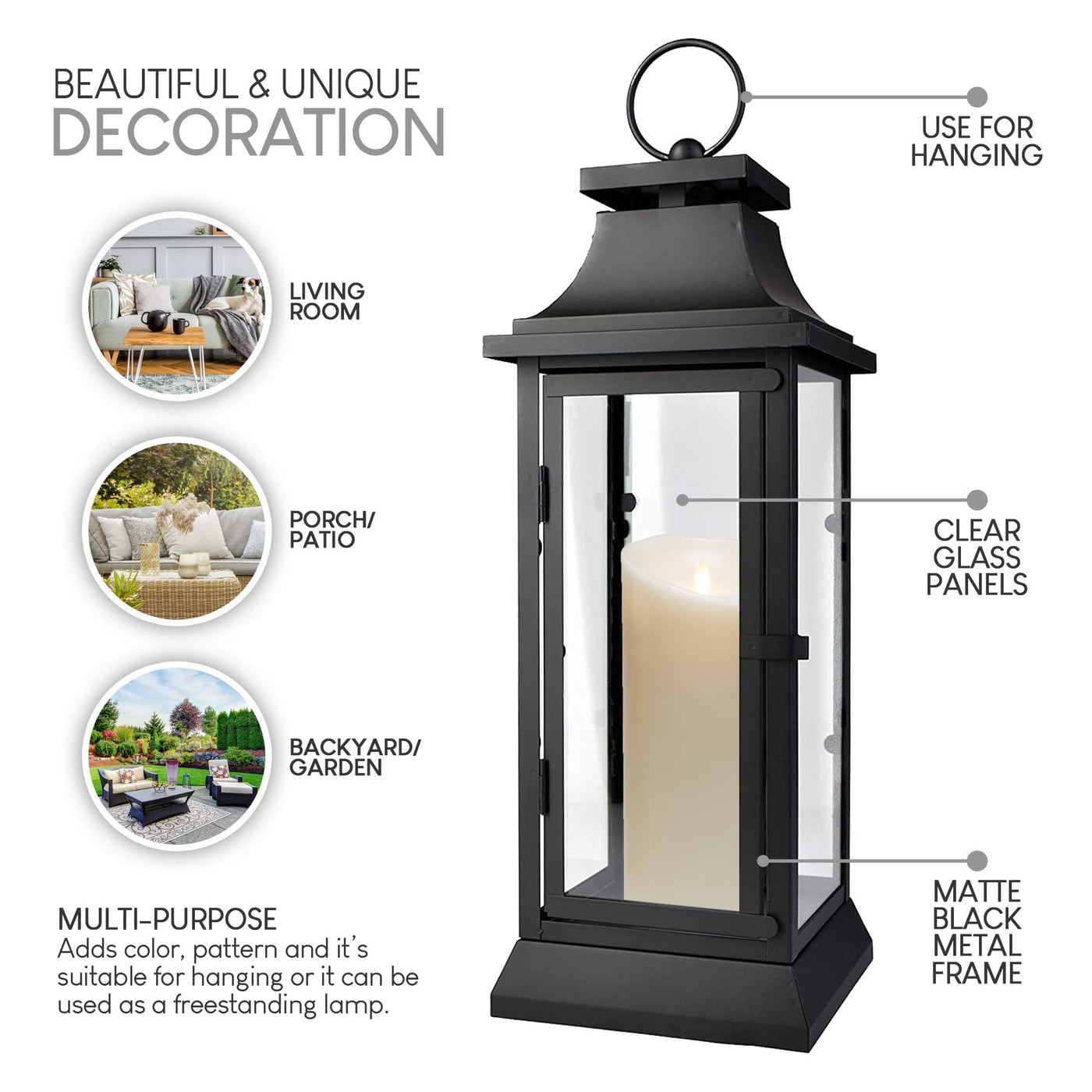 Serene Spaces Living Black Hurricane Lanterns with Clear Glass Panels， 15