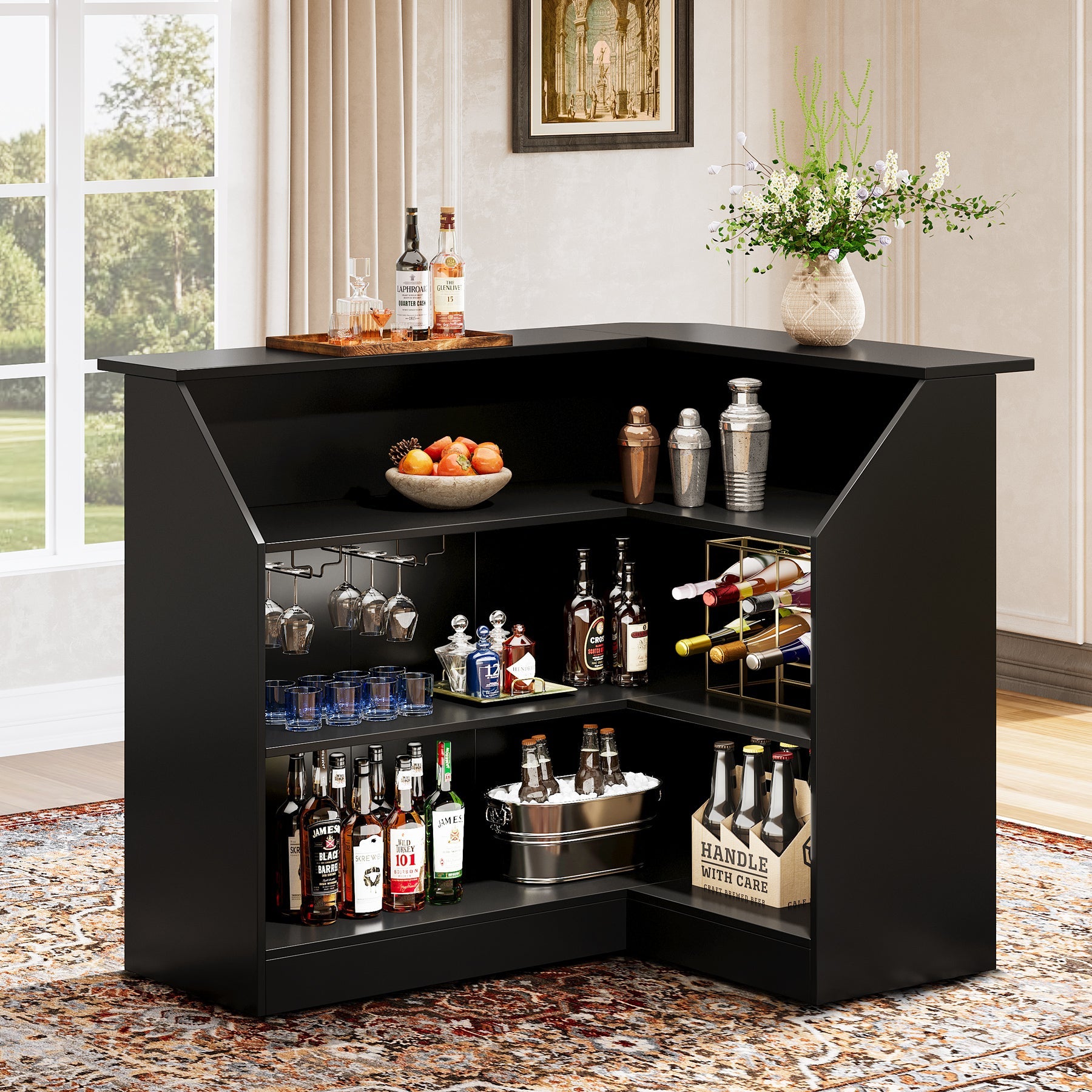 L-Shaped Bar Table, 4-Tier Bar Cabinet Reception Desk