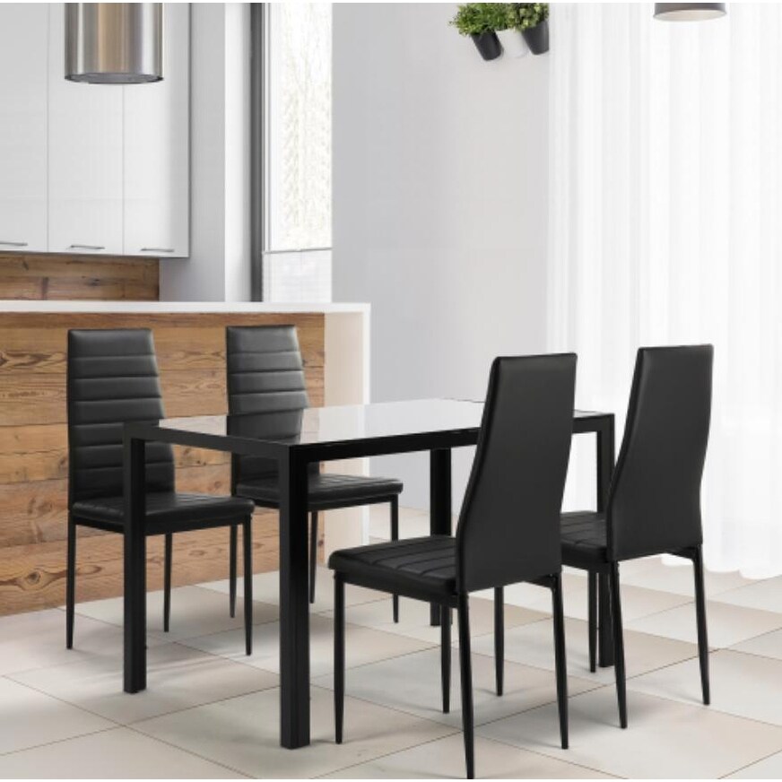 4 Faux Black Leather Chairs in Tempered Glass Dining Table