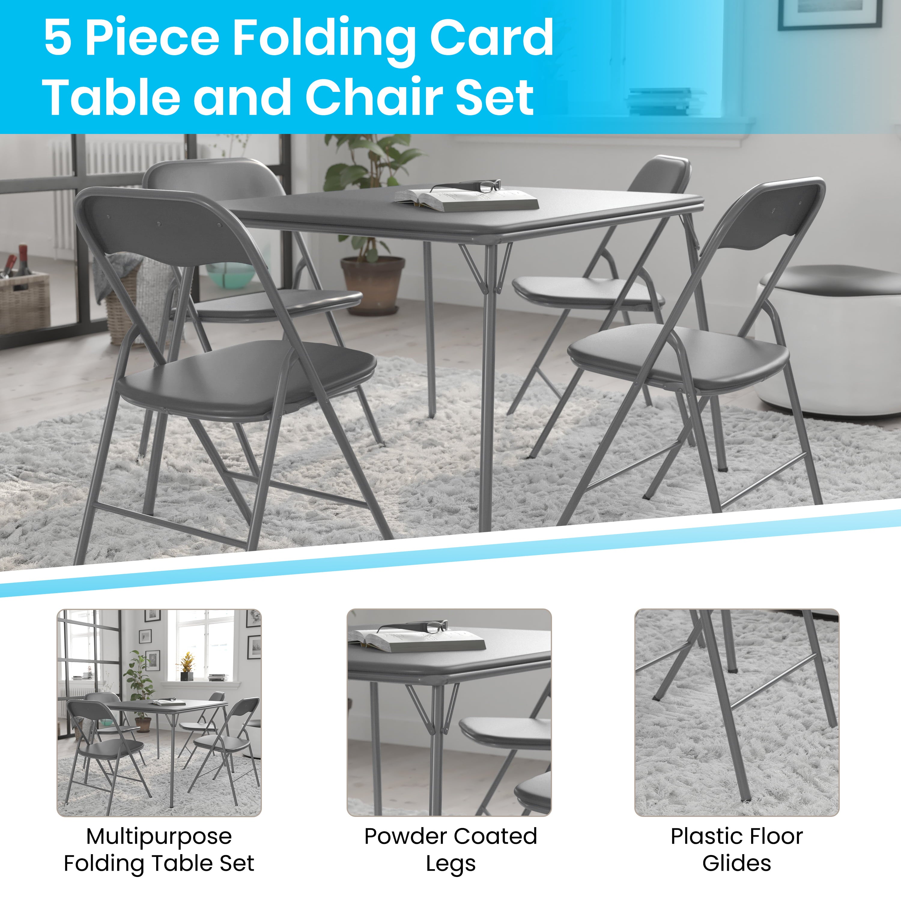 Flash Furniture Vinyl 5-Pcs Folding Game Table and Chair Set， Gray