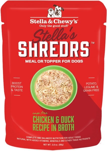 Stella and Chewy's Stella’s Shredrs Cage Free Chicken and Duck Recipe in Broth Adult Wet Dog Food， 2.8-oz pouch， case of 24