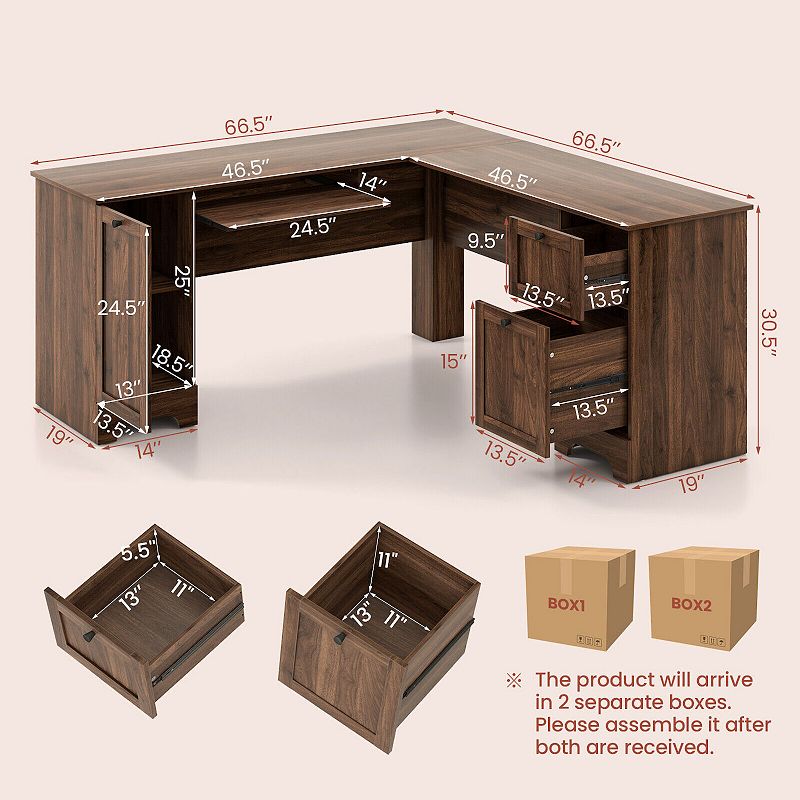 L-Shaped Office Desk with Storage Drawers and Keyboard Tray