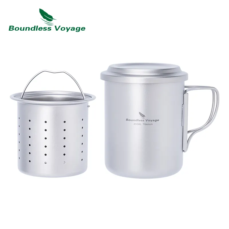 Boundless Voyage 450ml Titanium Cup with Filter Folding Handles Outdoor Camping Ti Tea Coffee Mug 15.2 fl oz Lightweight