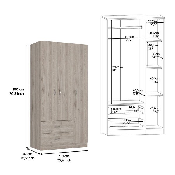 Bosko 3 Doors Armoire， 2 Drawers， 4 Shelves， Metal Rod - - 34518435