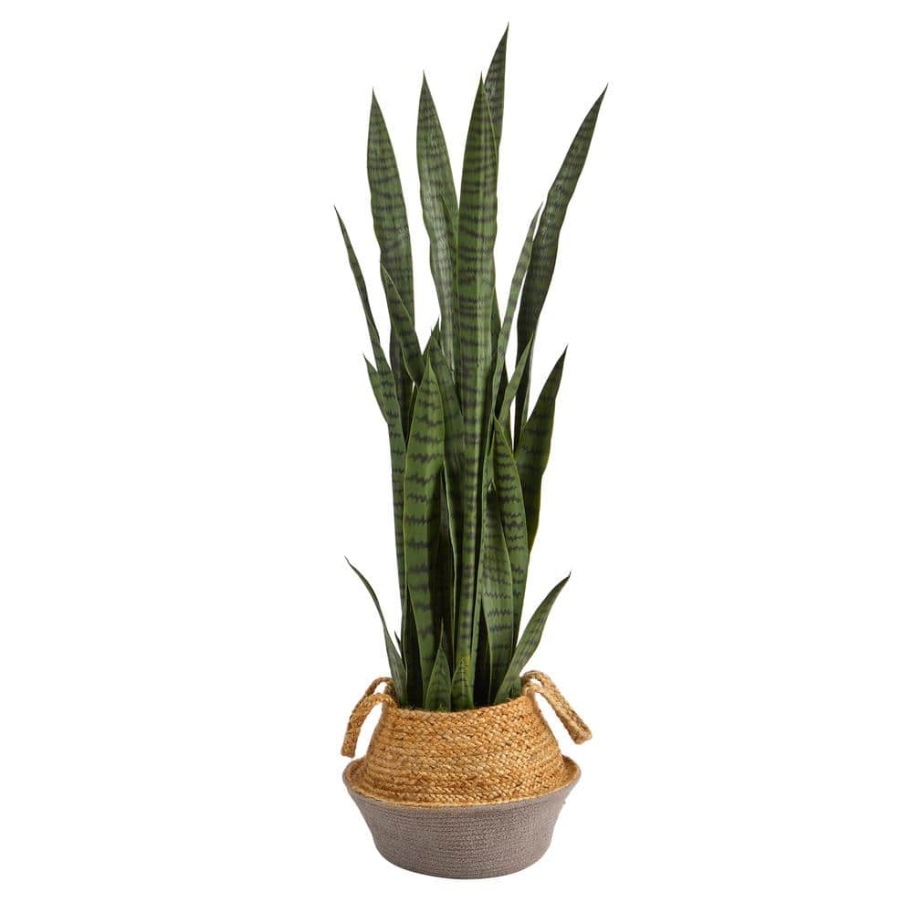 Nearly Natural 46 in. Green Sansevieria Artificial Plant in Boho Chic Handmade Cotton and Jute White Woven Planter P1763