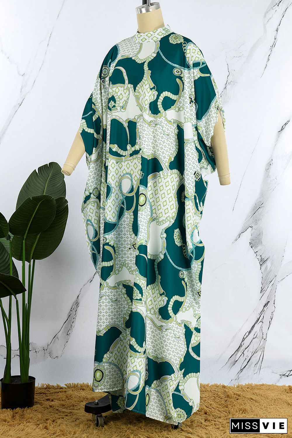 Green Casual Print Patchwork Half A Turtleneck Long Dress Dresses