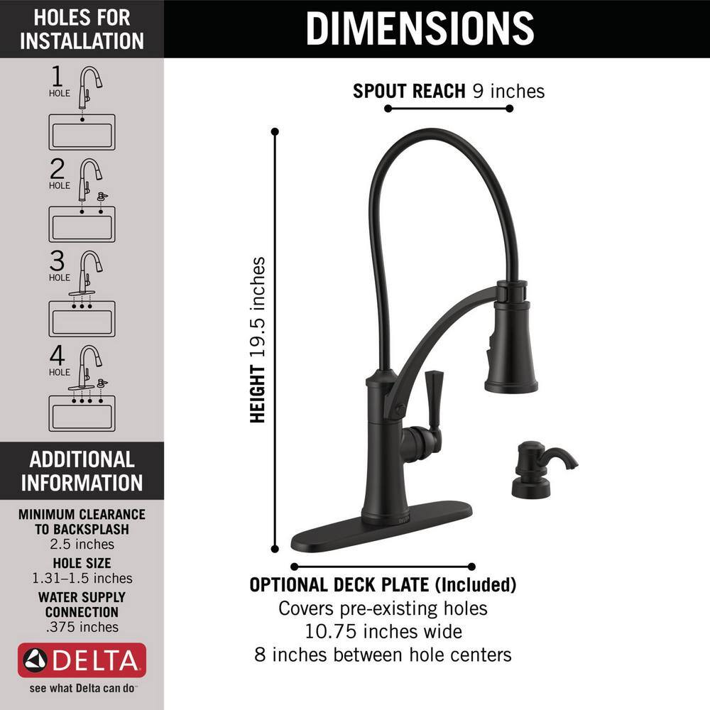 Delta Foundry Single-Handle Pull-Down Sprayer Kitchen Faucet with ShieldSpray and Soap Dispenser in Matte Black 19744Z-BLSD-DST