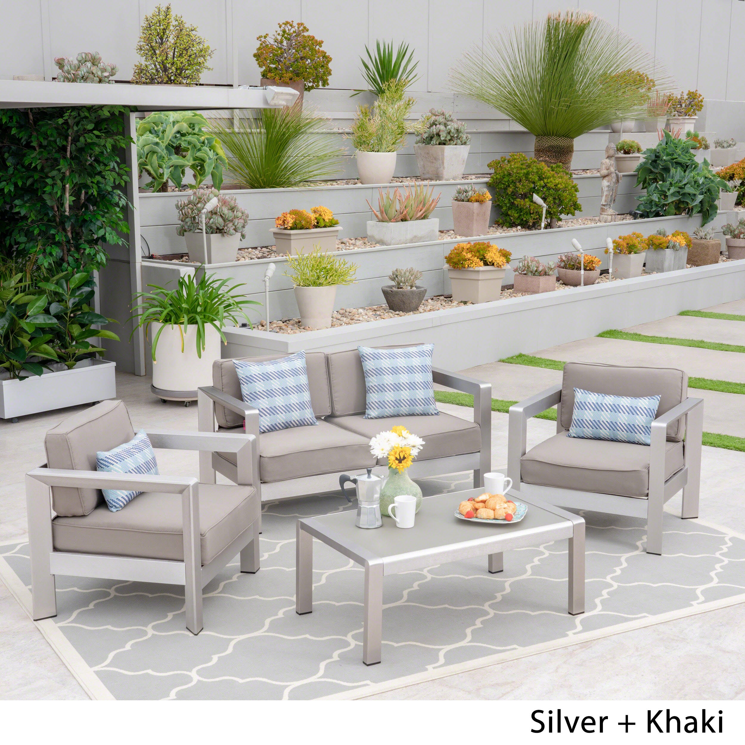 Booth Outdoor 4-Seater Aluminum Chat Set with Tempered Glass-Topped Coffee Table