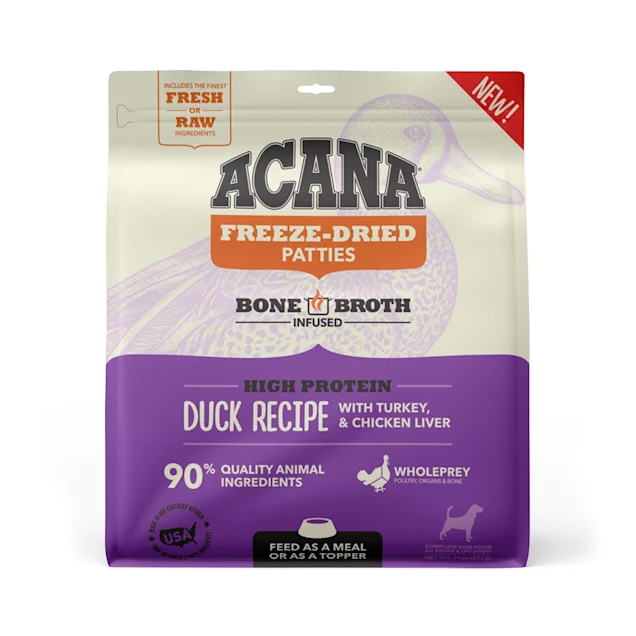 ACANA Grain Free High Protein Fresh and Raw Animal Ingredients Duck Recipe Freeze Dried Patties Dog Food， 14 oz.