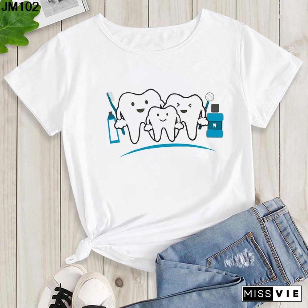 Aesthetic Funny Tooth Dentist Print Female Clothing T-shirt 90s Harajuku Kawaii O-neck Tshirt Summer Fashion Women's Top T Shirt