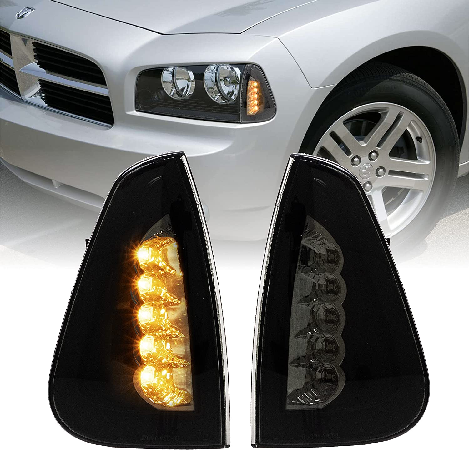 USR DEPO Charger Turn Signal Lights - andlt; LED UPGRADE andgt; Black / Smoke Front LED Corner Lamps (Left + RIght) Compatible with 2006-2010 Dodge Charger Sedan (Smoked Lens， Plug and Play Amber LED)