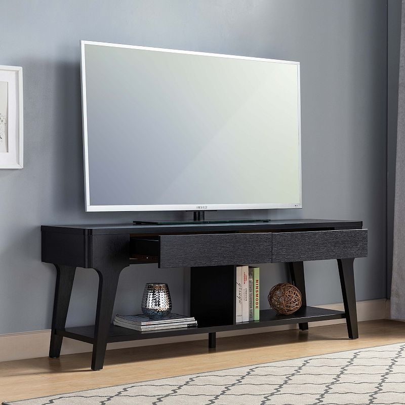 FC Design 60W Contemporary TV Stand with Two Drawers and Rounded Corners in Black Finish