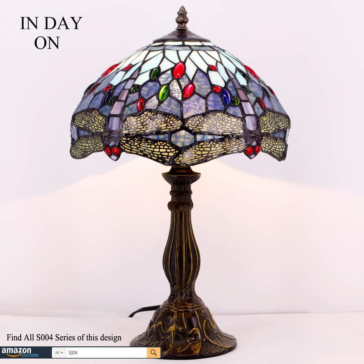 SHADY Tiffany Table Lamp Blue Stained Glass Dragonfly Style Bedside Desk Reading Light 12X12X18 Inches Decor Bedroom Living Room Home Office S004 Series