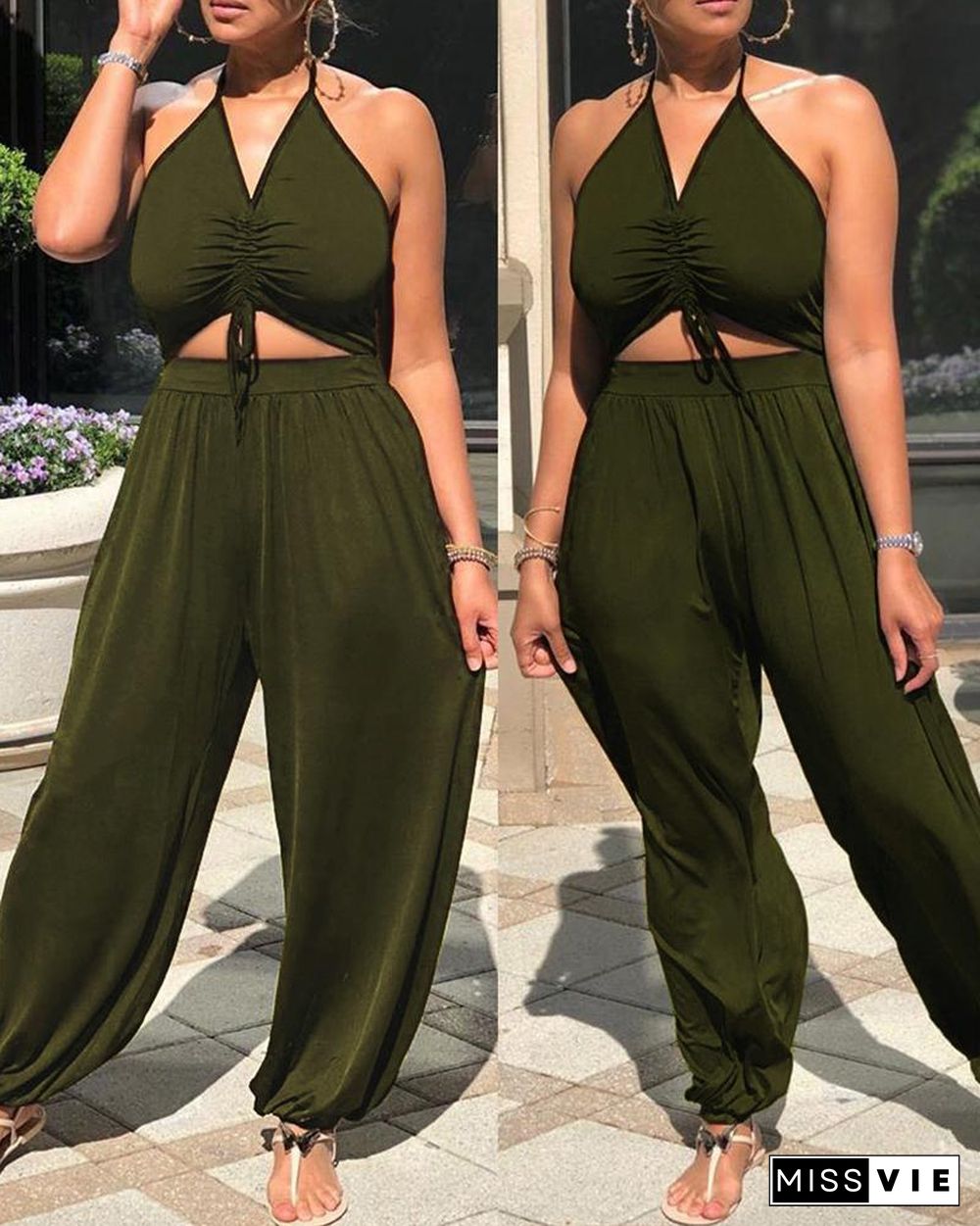 Halter Cutout Plain Drawstring Jumpsuit