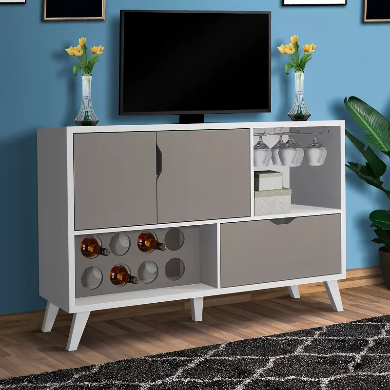 54 Inch 2 Door Wine Bar Cabinet TV Entertainment Console， Wine Rack， 1 Drawer， White， Gray