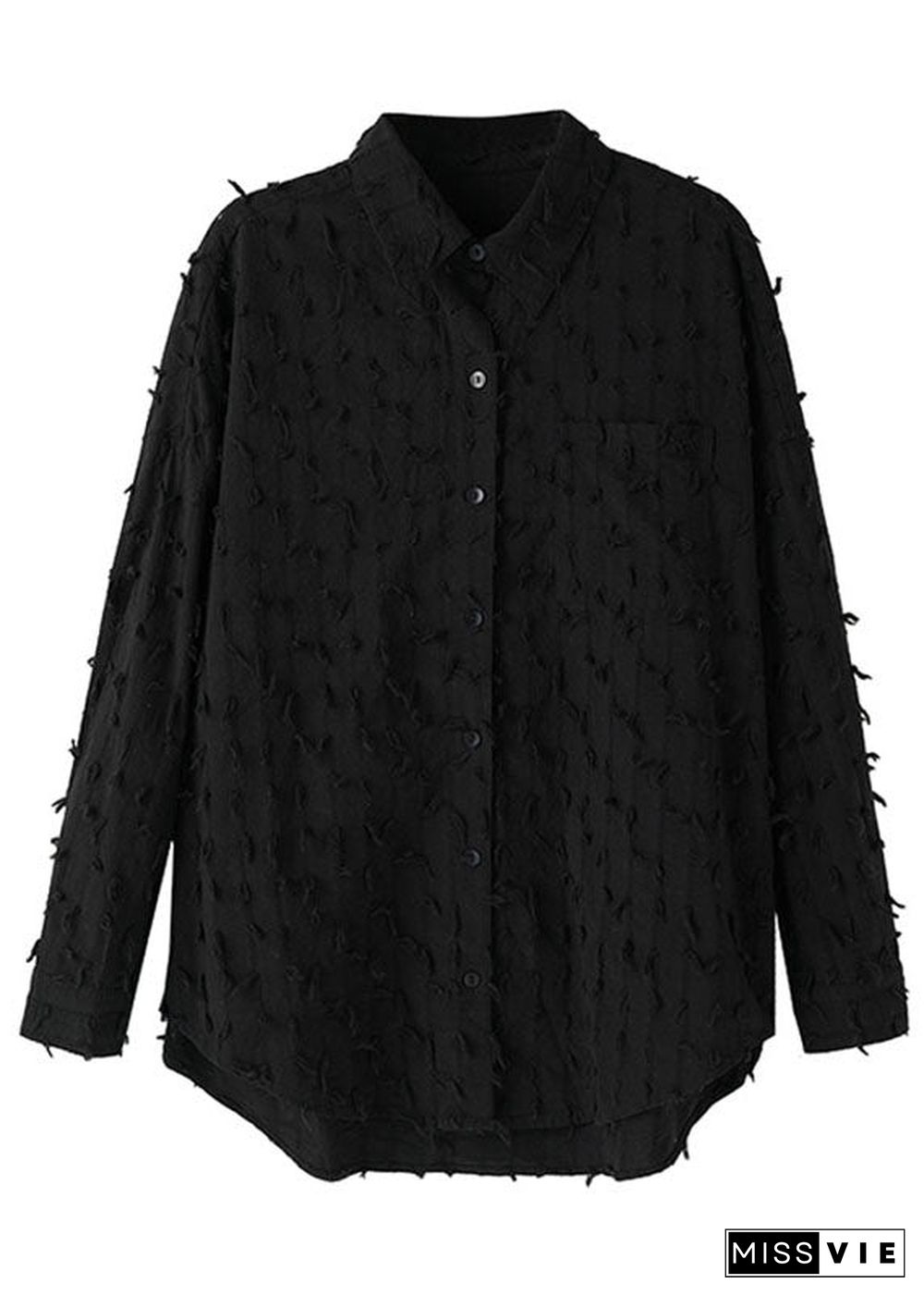 Jacquard Black Tassel Side Open Button Shirt Long Sleeve