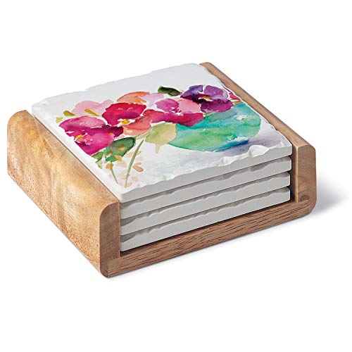 CounterArt Bowl Of Blooms Single Image Absorbent Stone Coaster Set of 4 in Wooden Holder