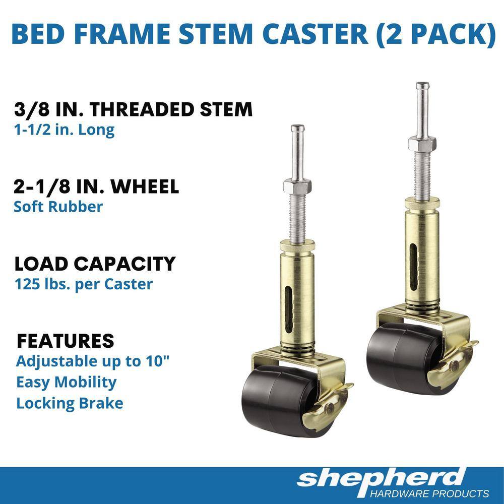 Shepherd 2-18 in. Black Rubber and Gold Steel Adjustable Bed Frame Stem Caster with Locking Brake 125 lb. Load Rating (2-Pack) 9532