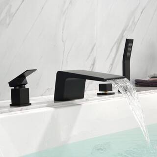 FLG Single-Handle Waterfall Deck-Mount Roman Tub Faucet with Hand Shower Modern Brass Tub Filler in Matte Black SS-0046-MB