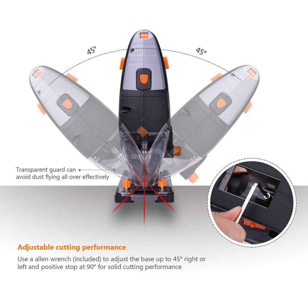 Tacklife 6.7 Amp 3000 SPM Jigsaw tool with Laser and LED， 6 Variable Speed， Carrying Case， 6 Blades， 45°Bevel Cutting and Tool-free Blade Changing and 10 Feet Cord - PJS02A