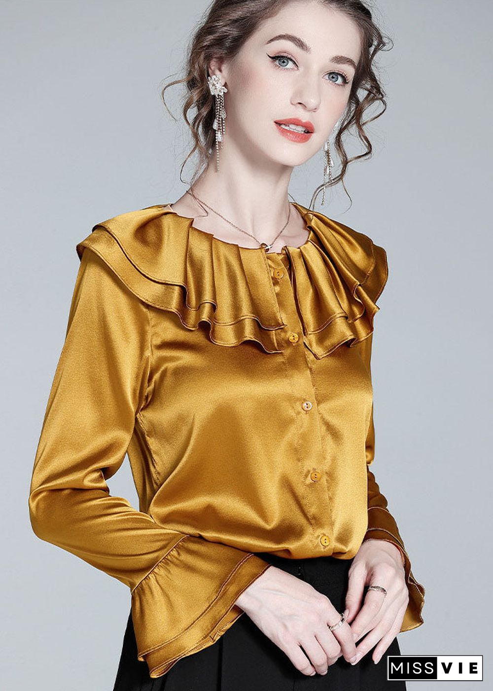 Style Gold Ruffled Patchwork Button Silk Shirt Flare Sleeve