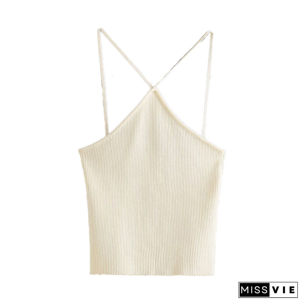 Women Summer Fashion Crop Top Casual Knitted Halter Tank Top Chic Lady Camisole Female Y2K Tops