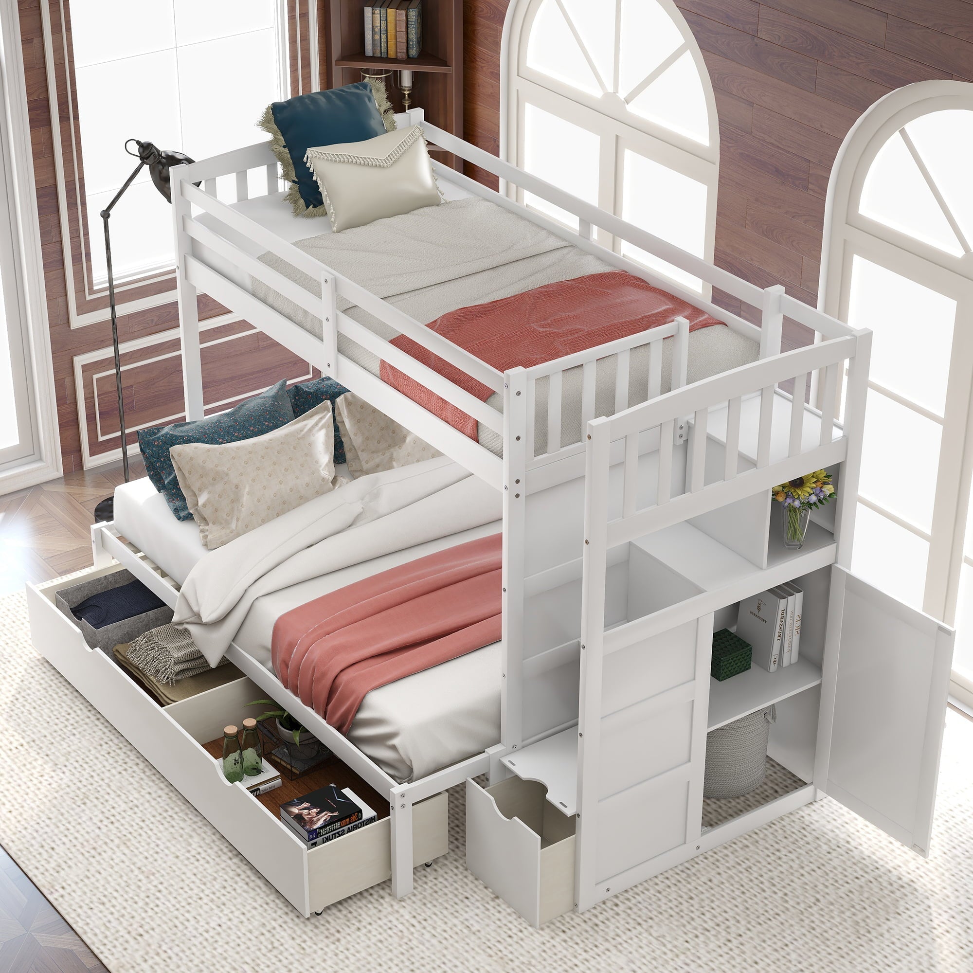 Modern Twin Bunk Bed with Drawer and Cabinet for Kids Bedroom, White