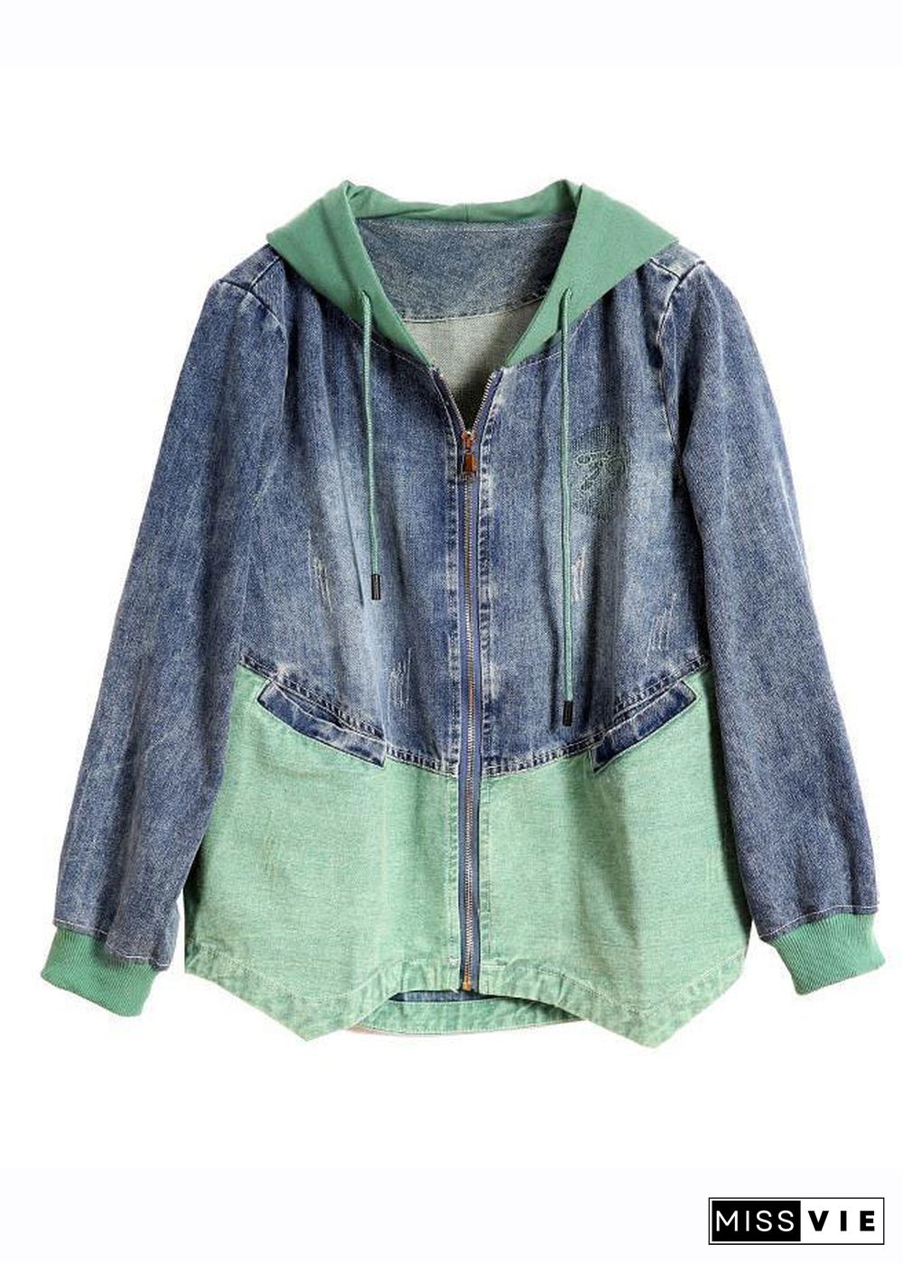 Green Drawstring Pockets Hoodie Denim Coat Long Sleeve