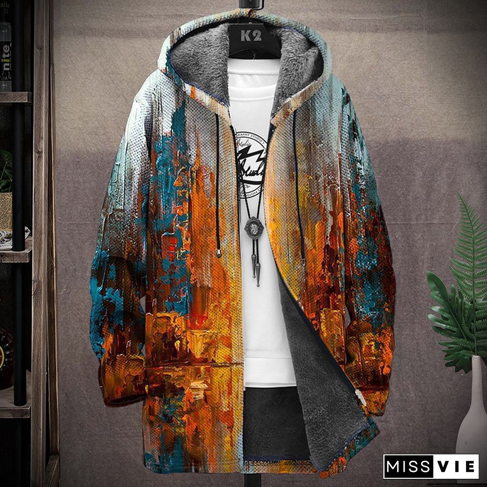 Men's Printed Hooded Two-Pocket Plush Thickened Long-Sleeved Cardigan Jacket 77481036L