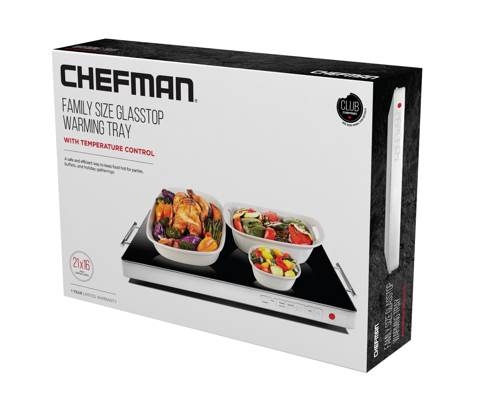 Chefman Stainless Steel and Glass Electric Warming Tray， Black， 21”x16”