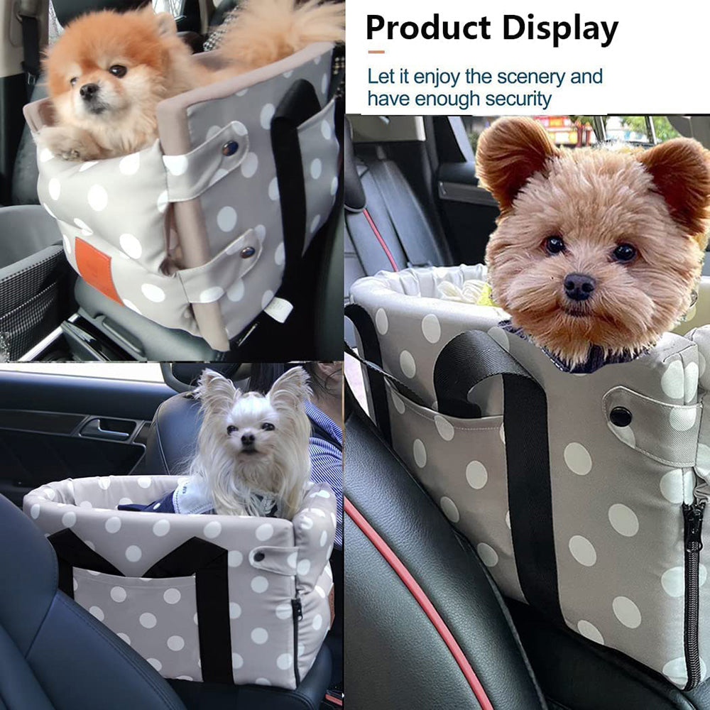 Dog booster seat on the armrest of the car， removable and washable car center console dog kennel for small pet dogs and cats puppies under 13.5 pounds with safety tether，dog travel bag with straps.