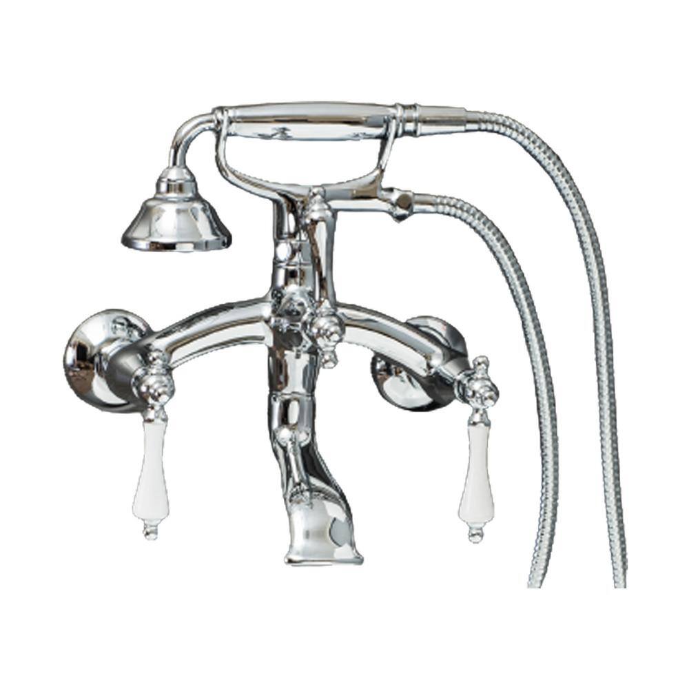 PELHAM  WHITE Vintage Style 3-Handle Wall Mount Claw Foot Tub Faucet with Porcelain Levers and Handshower in Chrome PW825218-P-PC