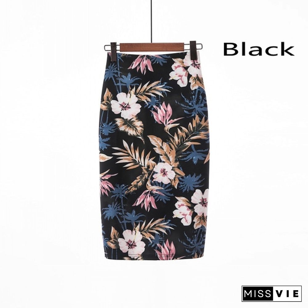 Ready Stock Fashion Women Elastic High Waist Pencil Skirts Midi Skirt Women Printed Ol Work Wear Summer New Plus Size Short Skirt