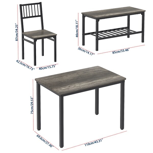 4-Piece Dining Table Set with Storage Rack， 43in Rectangular Kitchen Table with 2 Chairs and a Bench Dining Set