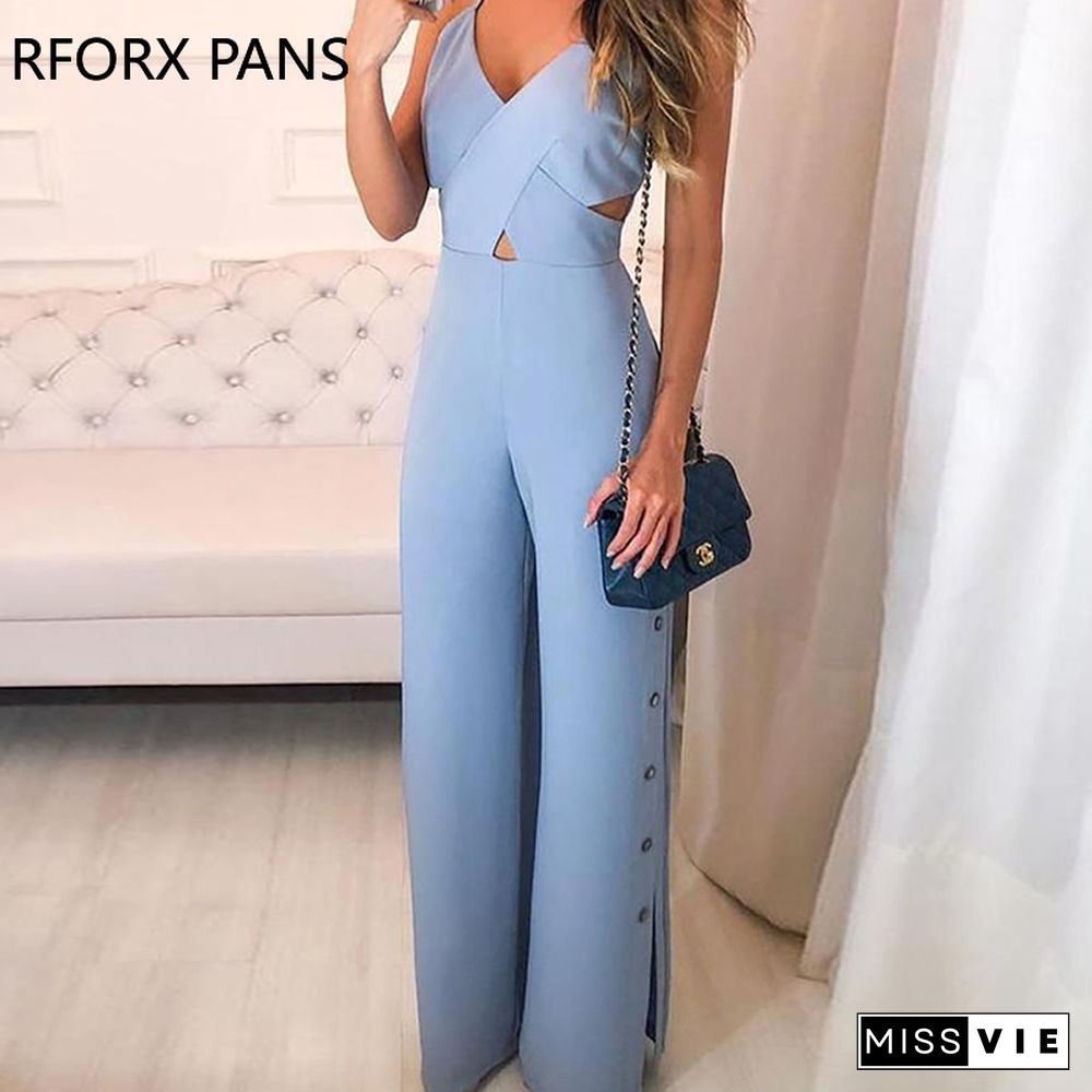 Crisscross Spaghetti Strap Button Slit Side Jumpsuit