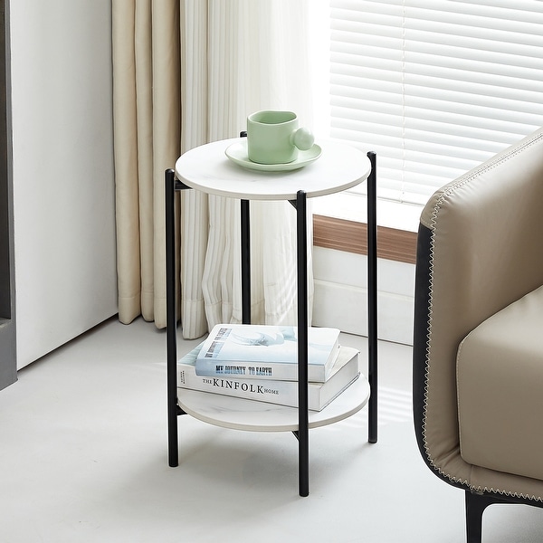 2-layer End Table with Tempered Glass and Marble Tabletop