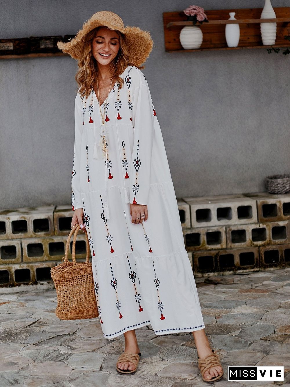 Floral Fringed Boho Summer Dress White Dresses