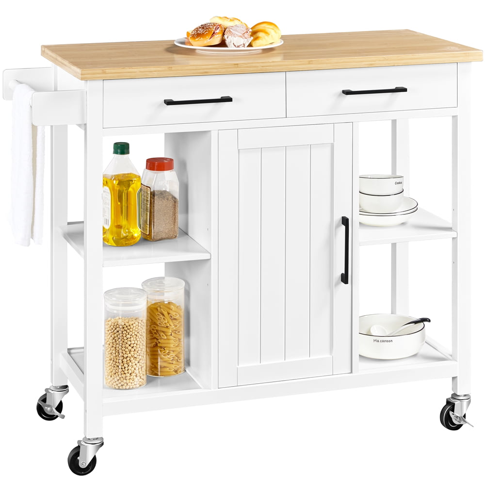 Topeakmart Mobile Kitchen Cart with Bamboo Top Kitchen Island on Wheels with Cabinet and Drawers and Towel Bar White