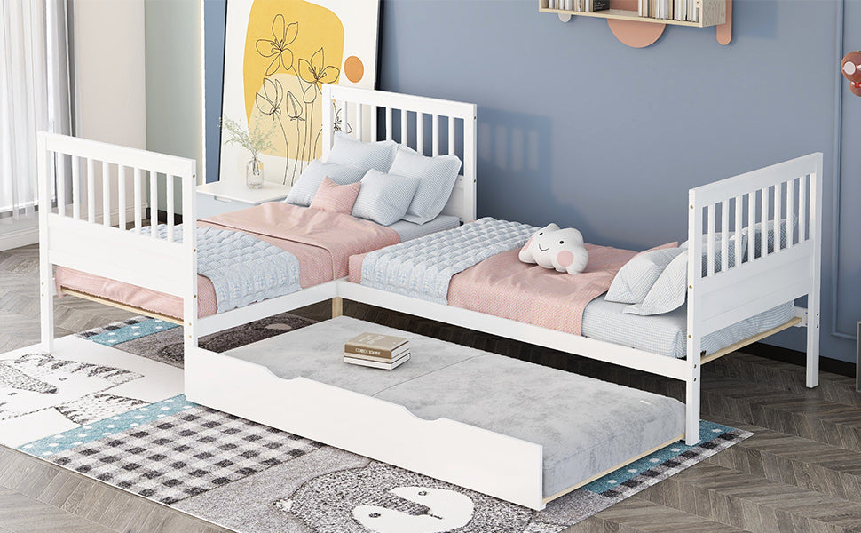 Wood Twin Size L-Shaped Platform Bed with Trundle for Kids Bedroom, White