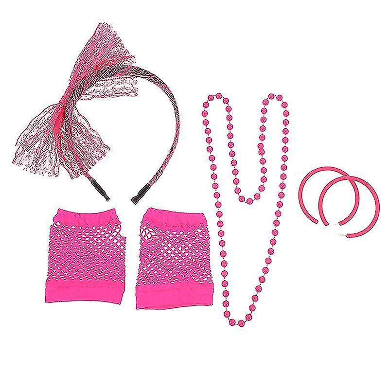 1 Set Of Neon Theme Party Costume Necklace Earrings Bow Headband Fishnet Gloves