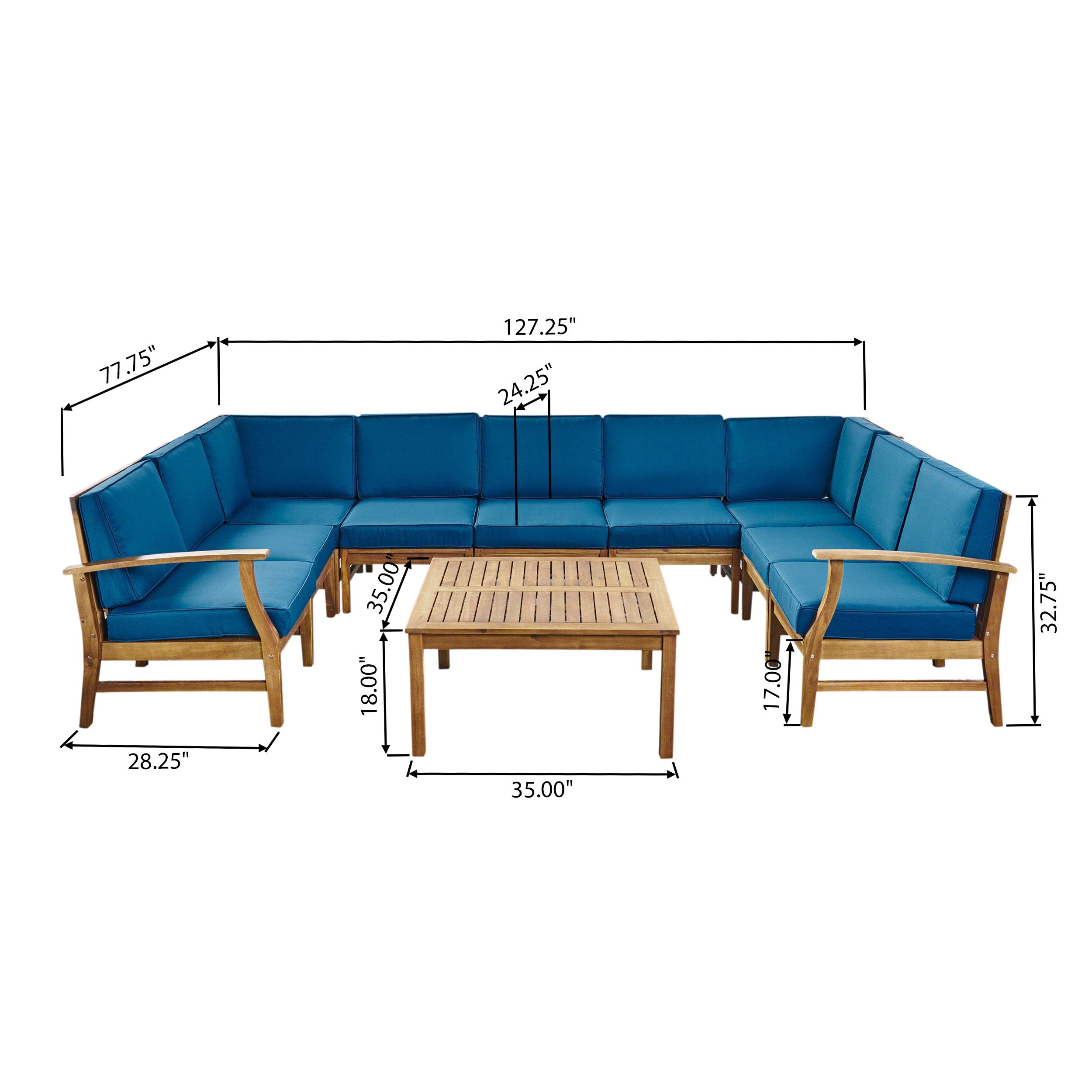 Judith Outdoor 9 Seater Acacia Wood Sectional Sofa Set with Cushions